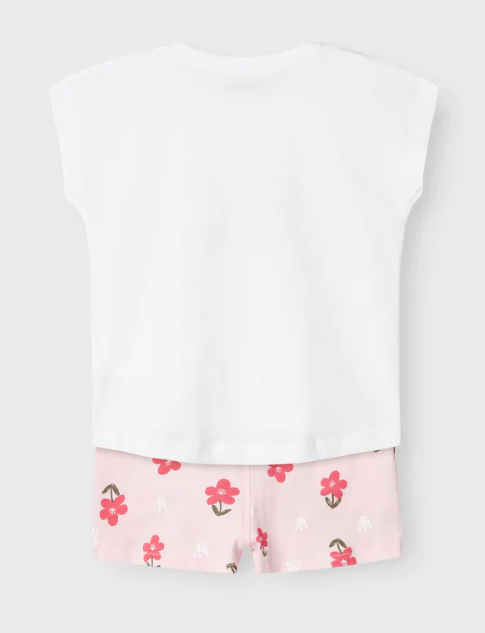 conjunto niña Name It camiseta manga corta y short color blanco y rosa y estampado de flores algodon Koskids