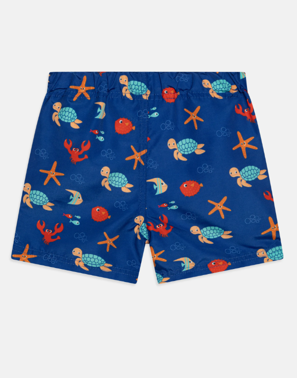 Bañador de niño Name It tipo boxer color azul klein con animales marinos estampados por toda la prenda, ajustable con goma y botones interiores Koskids