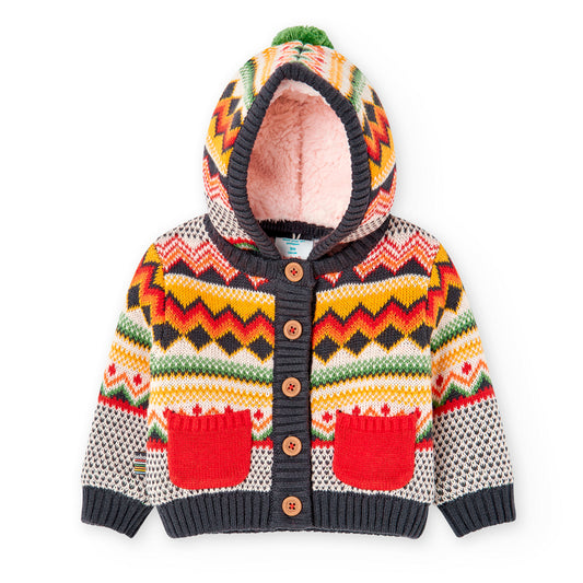 Chaqueta bebe con capucha de lana con interior de borrego con estampado de colores Boboli