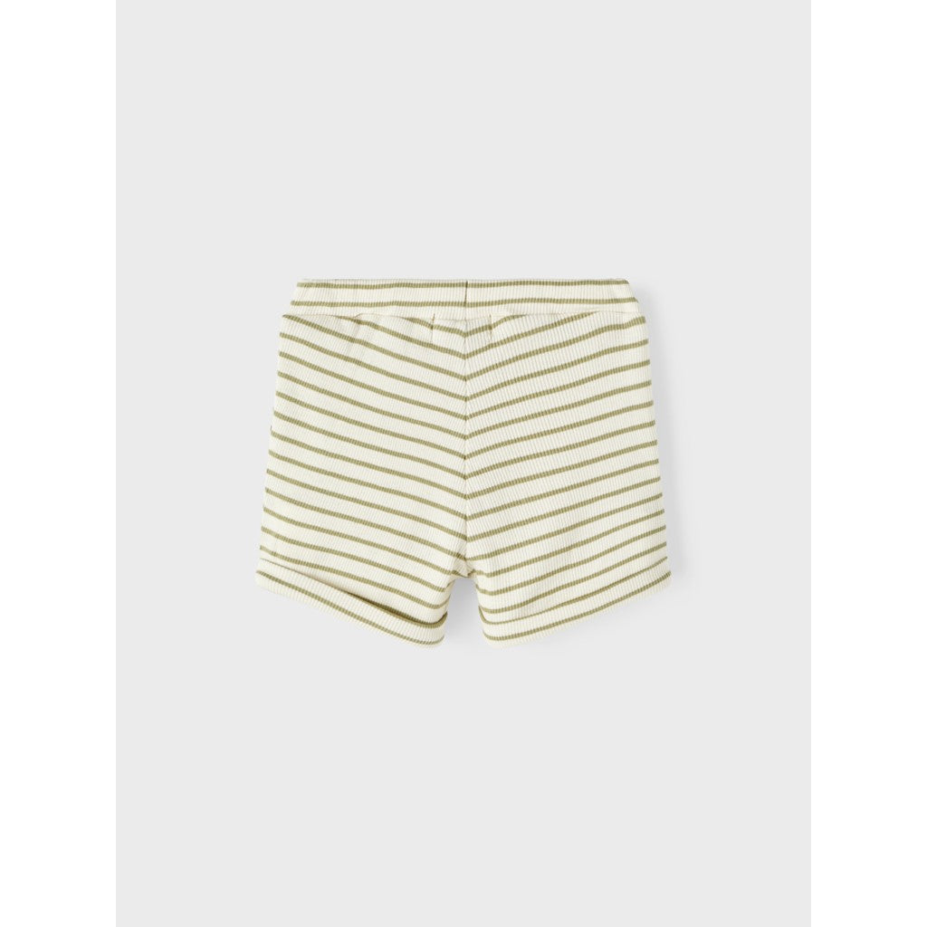 bermudas de bebé unisex beige con rayas camel, botones interiores para ajustar , hecho de algodón y fibras de madera sostenible