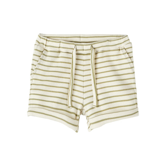 bermudas de bebé unisex beige con rayas camel, botones interiores para ajustar , hecho de algodón y fibras de madera sostenible