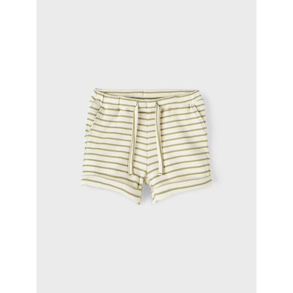 bermudas de bebé unisex beige con rayas camel, botones interiores para ajustar , hecho de algodón y fibras de madera sostenible