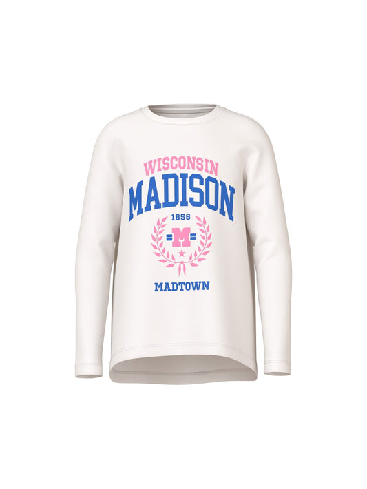Camiseta de niña manga larga color blanco con letras en azul y rosa Name It