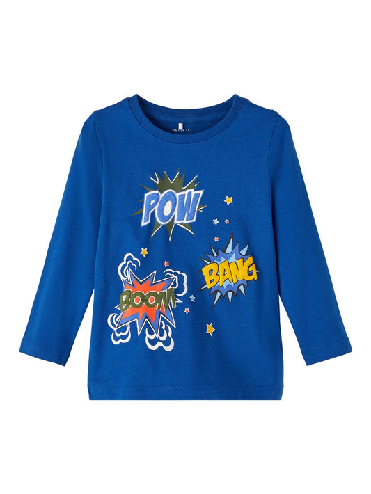 Camiseta niño de manga larga en color azul y estampados con letras en relieve Name It