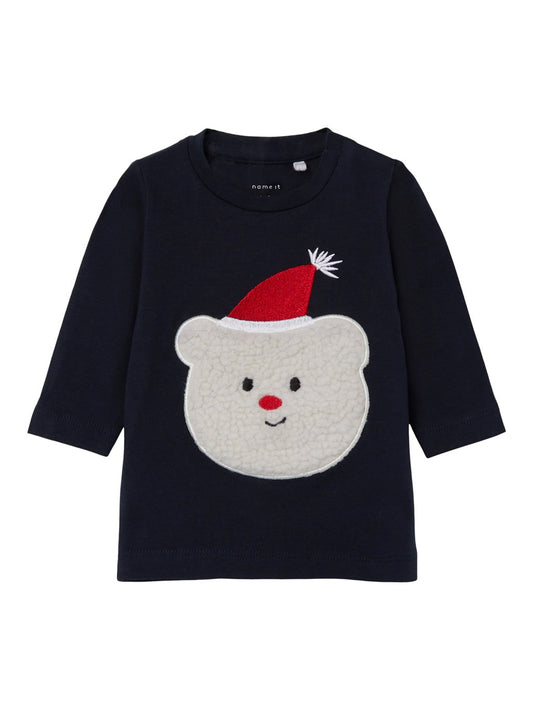 Camiseta de bebé manga larga navideña en azul oscuro con un osito de felpa en el pecho Name It