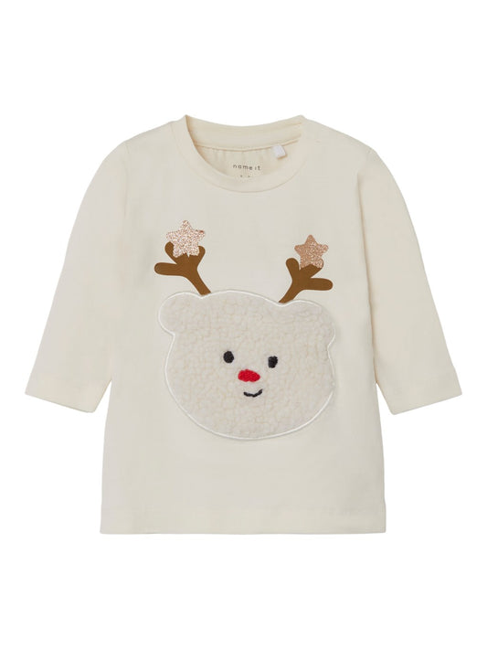 Camiseta de bebé color blanco manga larga con estampado navideño de un osito de felpa Name It