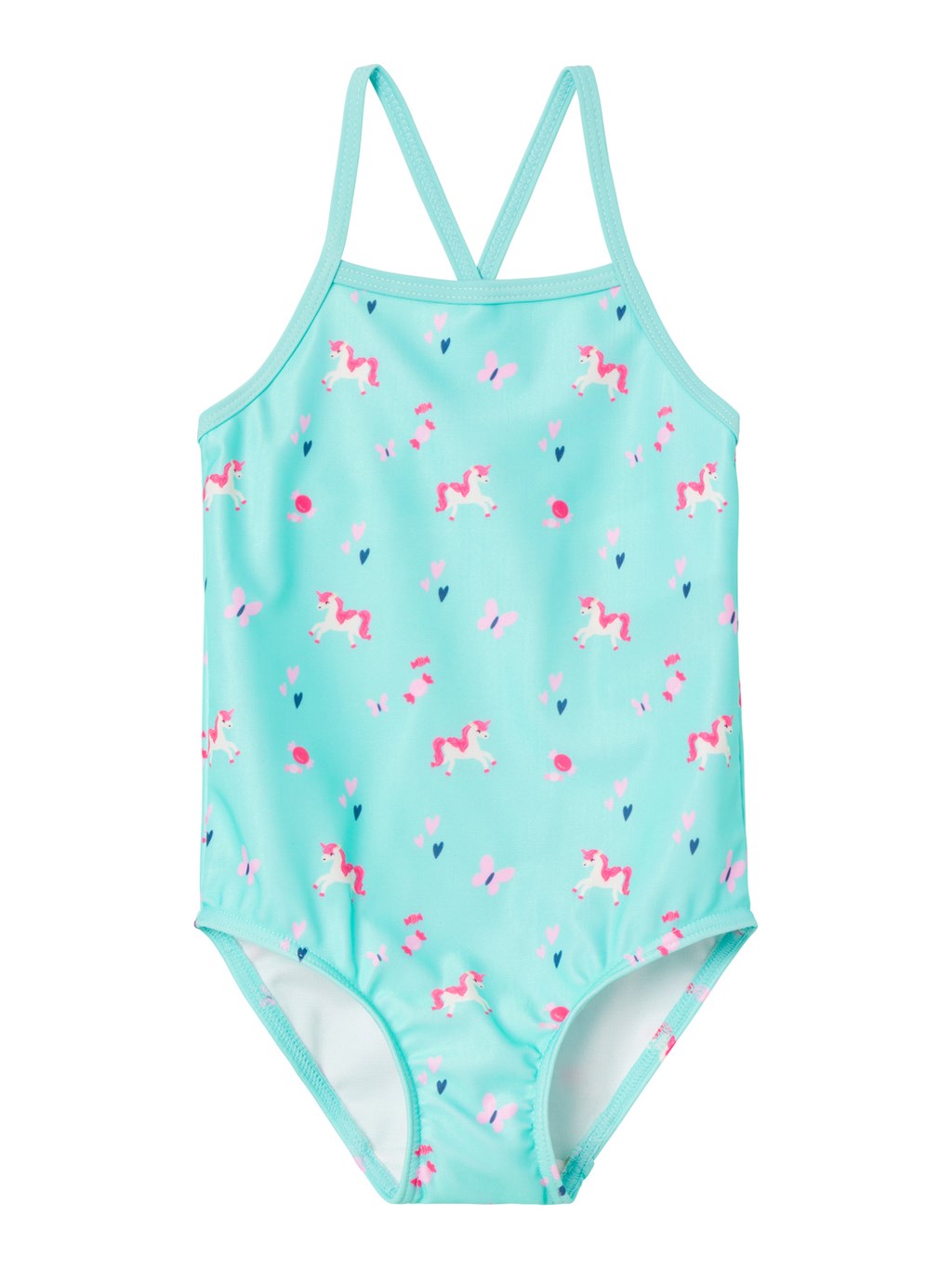 bañador de niña Name It color turquesa con unicornios tirantes cruzados Koskids