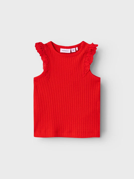camiseta bebe niña Name It acanalada de tirantes con encaje color rojo algodon Koskids