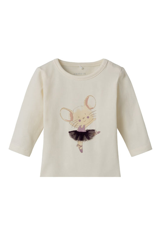 Camiseta de bebé manga larga color beige con estampado de ratita bailarina con la falda de tul Name It