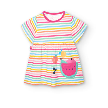 Vestido de bebé manga corta cuello redondo corte en la cintura listado de colores y estampado de frutas y bolsillo Boboli Koskids