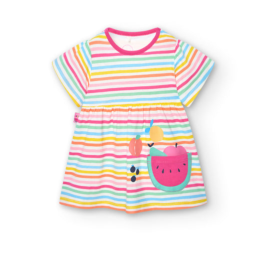 Vestido de bebé manga corta cuello redondo corte en la cintura listado de colores y estampado de frutas y bolsillo Boboli Koskids