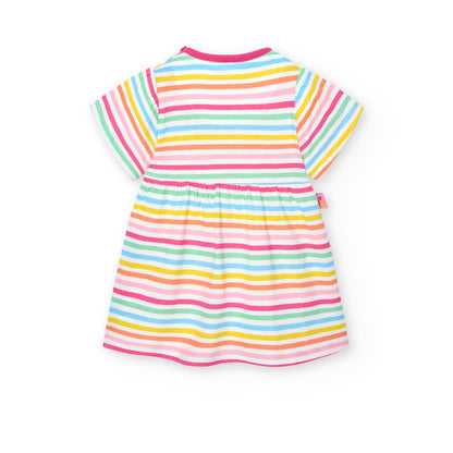 Vestido de bebé manga corta cuello redondo corte en la cintura listado de colores y estampado de frutas y bolsillo Boboli Koskids