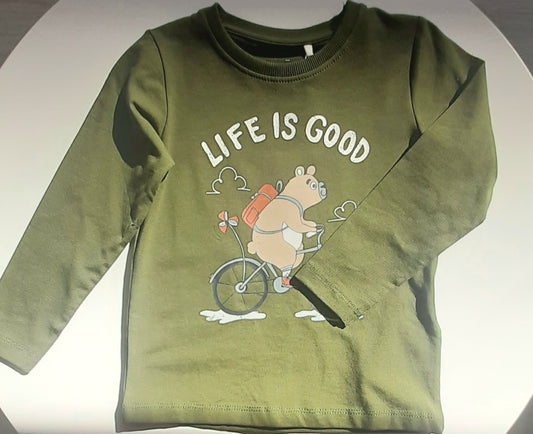 Camiseta niño de manga larga color verde y estampado de osito en bicicleta Name It
