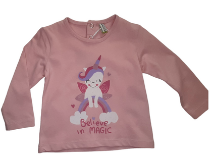 Camiseta de bebé manga larga color rosa y estampado de unicornio botones a presion en la espalda Losan