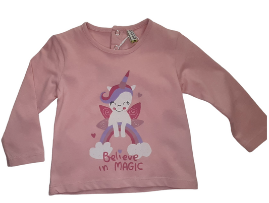 Camiseta de bebé manga larga color rosa y estampado de unicornio botones a presion en la espalda Losan