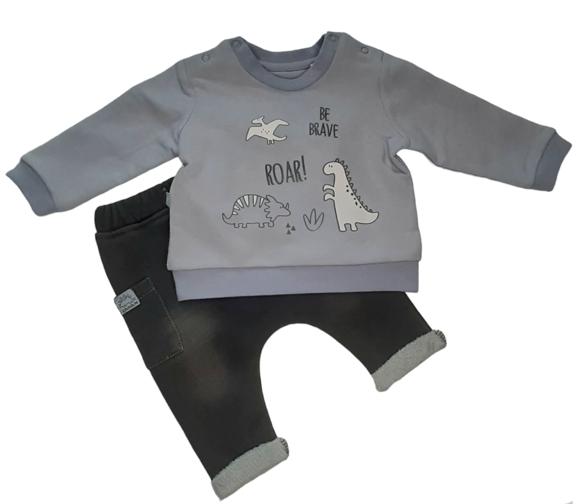 Conjunto bebé compuesto por sudadera de manga larga y cuello redondo en azul celeste con estampado de dinos y pantalon denim de felpa en gris oscuro Losan