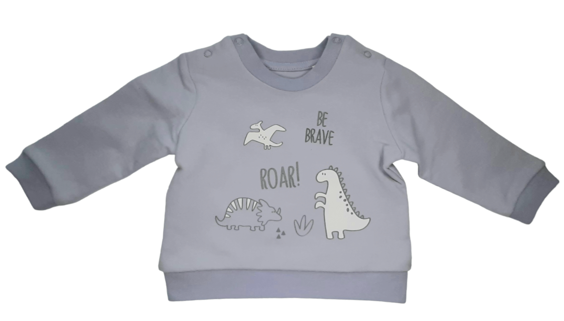 Conjunto bebé compuesto por sudadera de manga larga y cuello redondo en azul celeste con estampado de dinos y pantalon denim de felpa en gris oscuro Losan