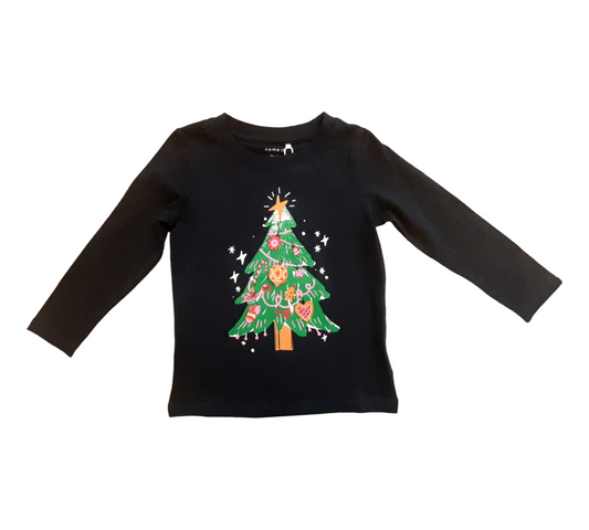 Camiseta niña de manga larga Navideña en color negro con estampado de arbol de navidad con detalle 3D Name It