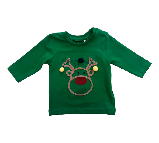 Camiseta bebé manga larga en color verde con estampado de reno y pompones Name It