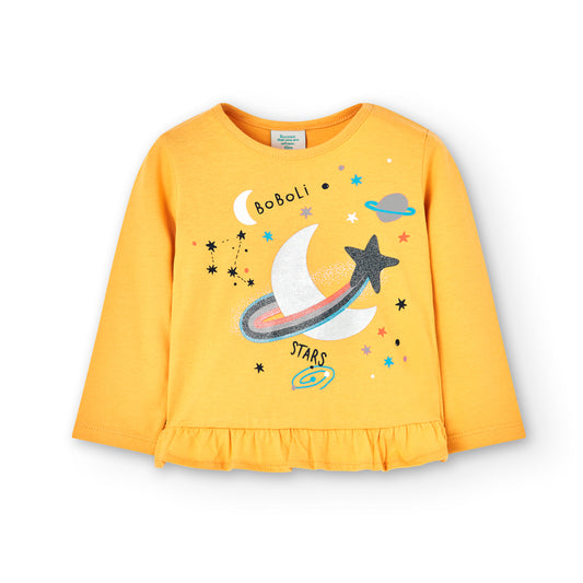 Camiseta niña de manga larga en color ocre con estampado del cosmo brillante Boboli