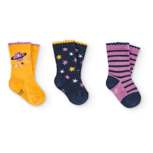 Pack de 3 pares de calcetines de niña colores navy,ocre y malva con estampados del cosmo Boboli
