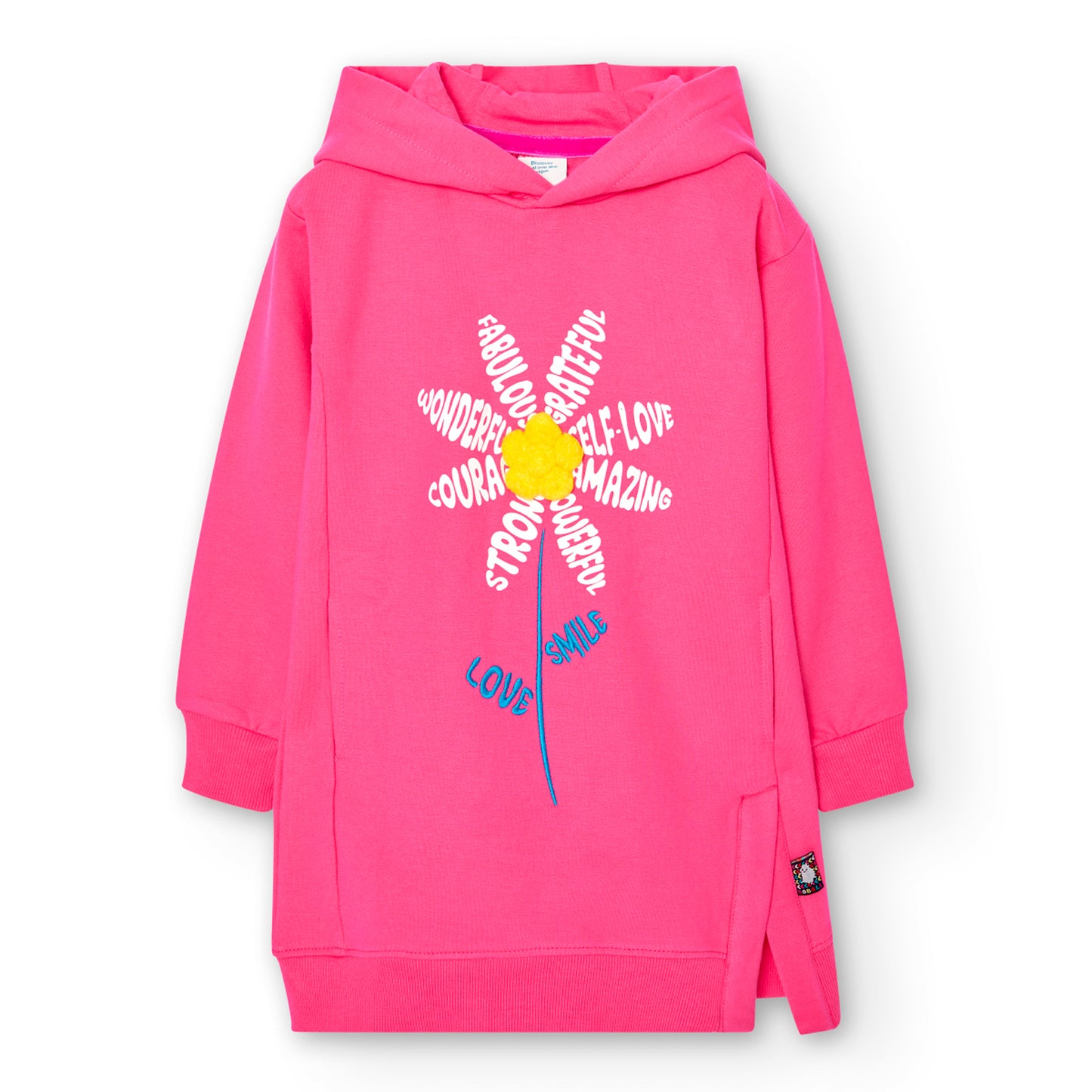 vestido de niña tipo sudadera con capucha en color fucsia con una flor grande en el pecho con letras Boboli