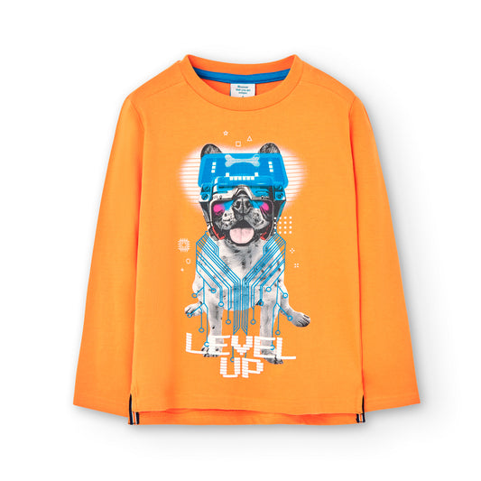 Camiseta niño de manga larga color naranja con perro estampado Boboli