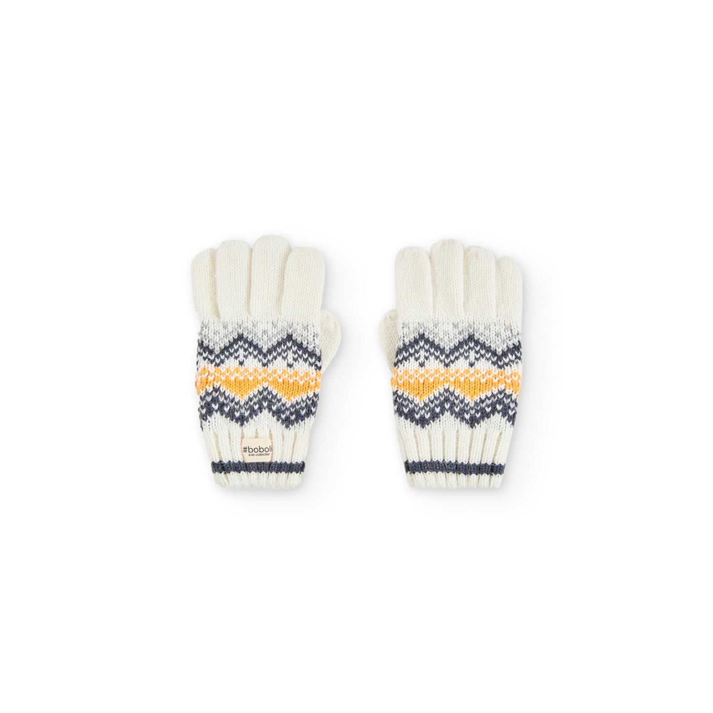 Guantes de tricotosa para niños color beige con estampado geometrico en tonos oscuros y amarillos Boboli