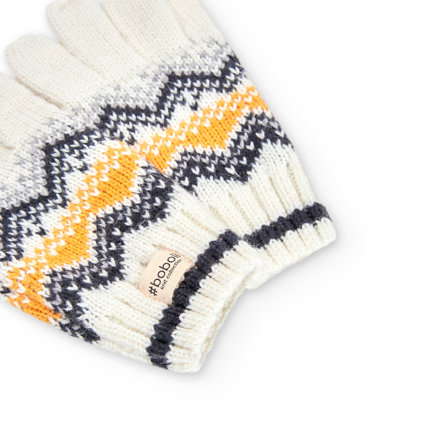 Guantes de tricotosa para niños color beige con estampado geometrico en tonos oscuros y amarillos Boboli