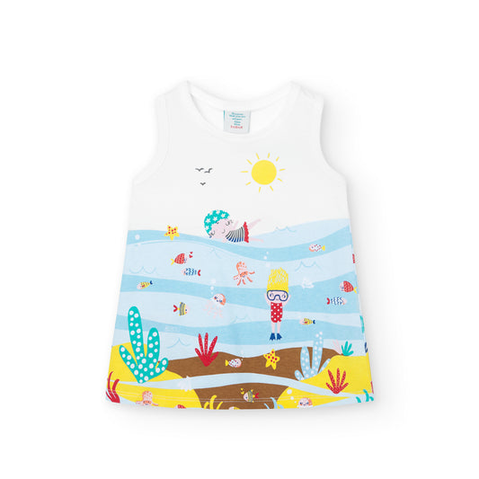vestido niña tipo camiseta sin mangas algodon con estampado fondo del mar niñas y peces Boboli Koskids