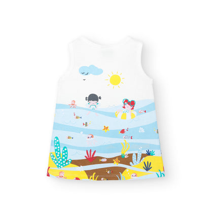 vestido niña tipo camiseta sin mangas algodon con estampado fondo del mar niñas y peces Boboli Koskids