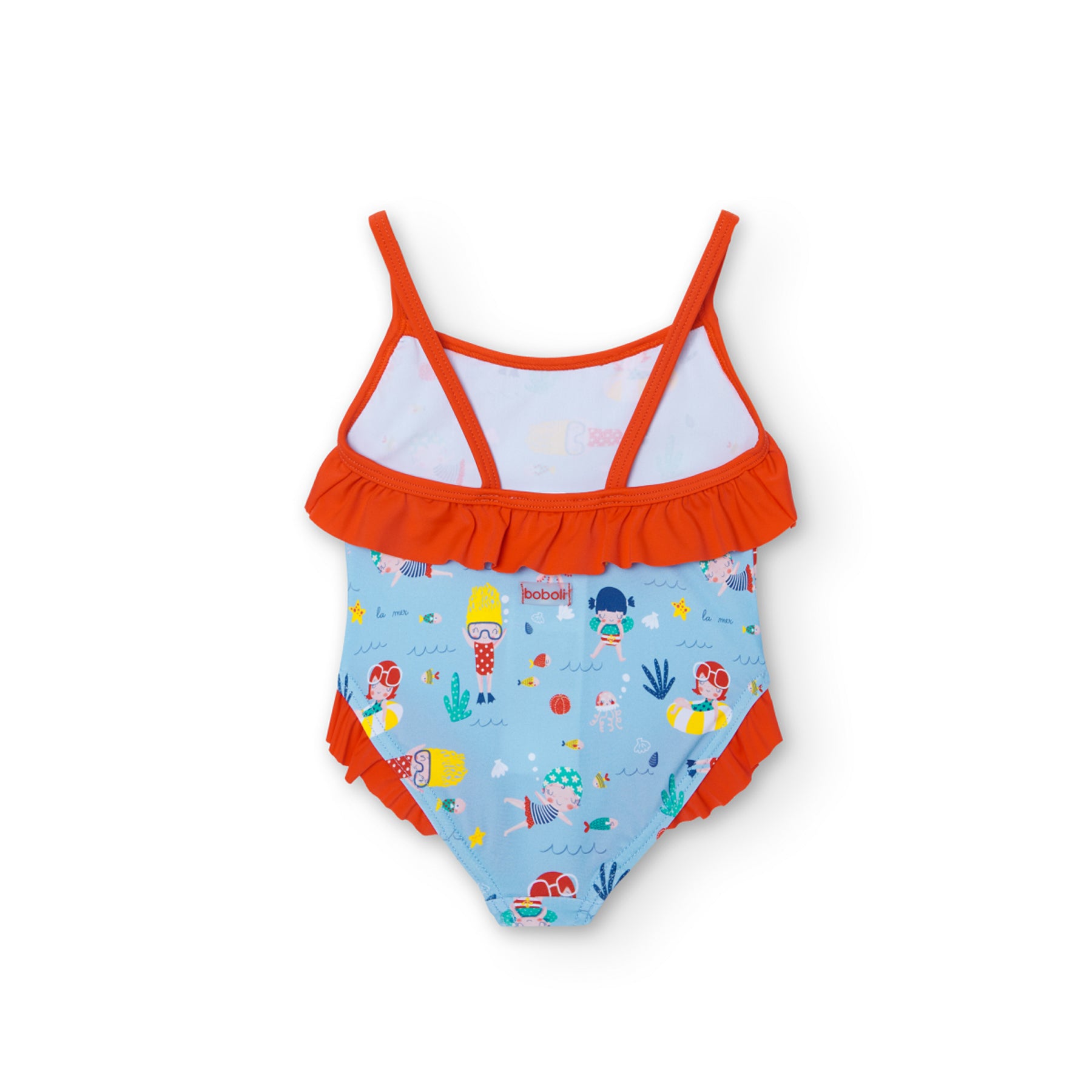 bañador de niña fondo azul claro con estampado de muñecas nadadoras, volante naranja en el pecho y en la entrepierna Boboli