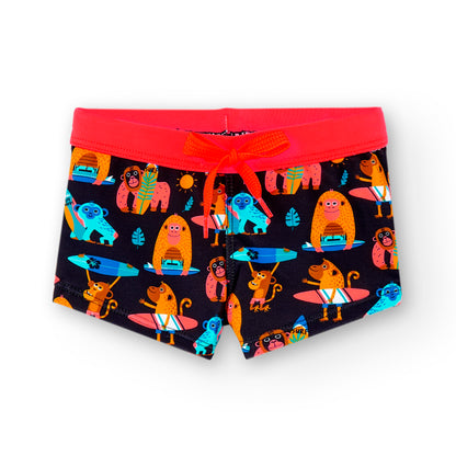 bañador niño tipo boxer con cordones estampado de monos en colores naranja azules y negro Boboli