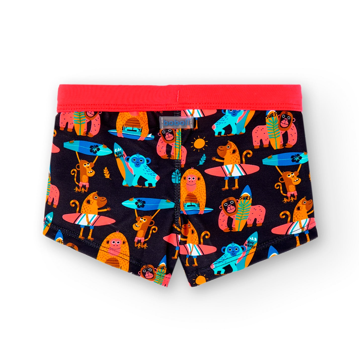 bañador niño tipo boxer con cordones estampado de monos en colores naranja azules y negro Boboli