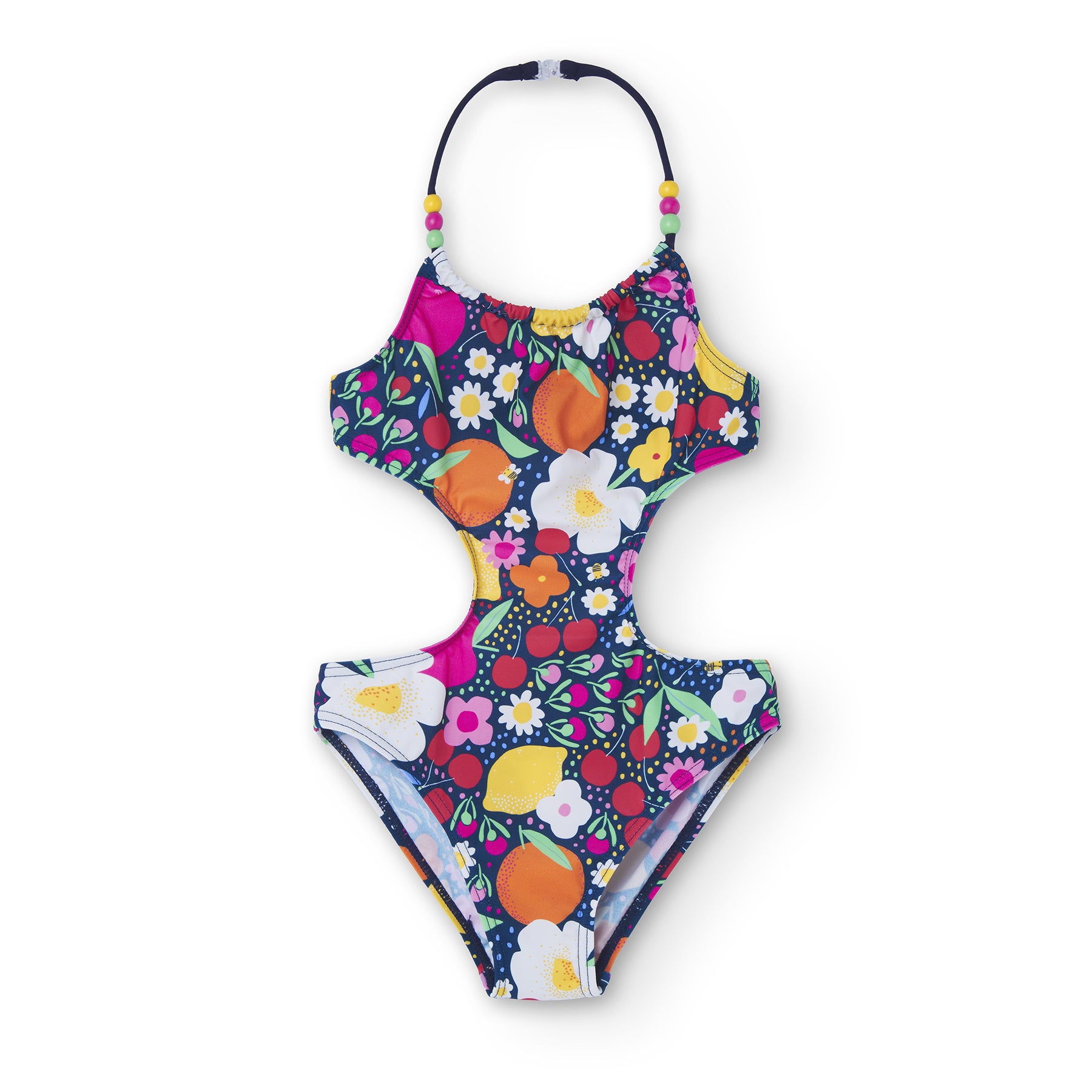 bañador tipo trikini con fondo azul oscuro y estampado de flores y frutas Boboli