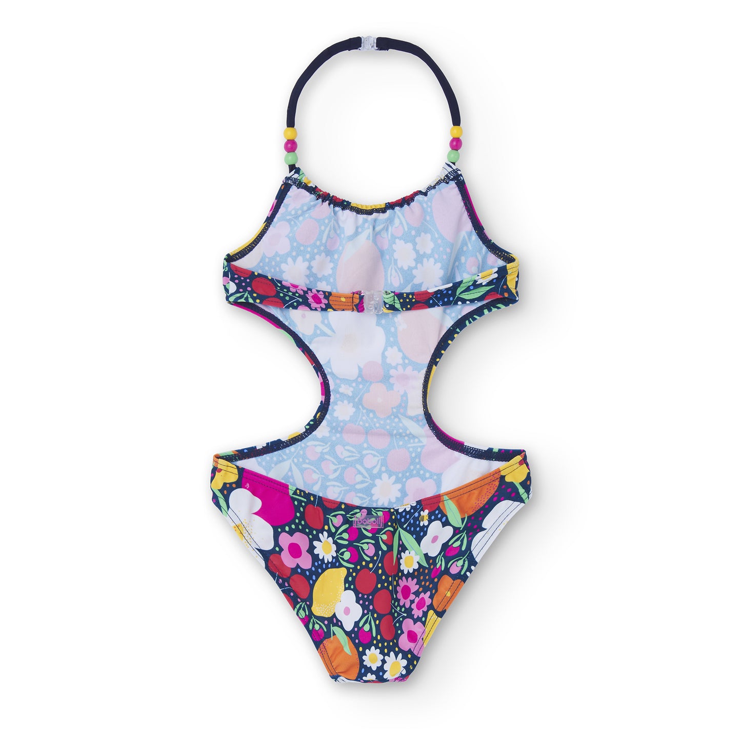 bañador tipo trikini con fondo azul oscuro y estampado de flores y frutas Boboli