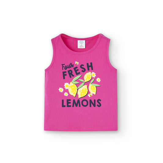 camiseta niña Boboli sin mangas color fucsia con estampado en el pecho de limones y letras Koskids