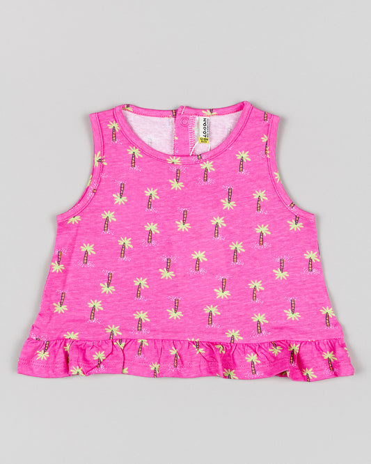 Camiseta de bebé niña Losan con volante en los bajos color fucsia con palmeras por toda la prenda Koskids