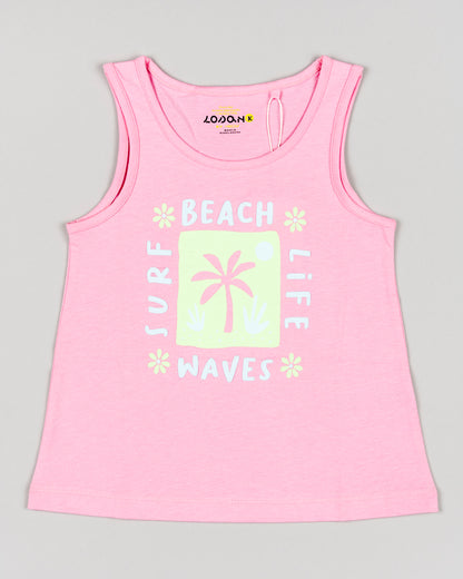 camiseta de tirantes Losan color rosa con letras 3d y palmera color lima algodon 100% Koskids