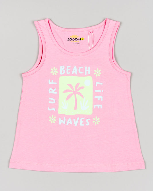 camiseta de tirantes Losan color rosa con letras 3d y palmera color lima algodon 100% Koskids
