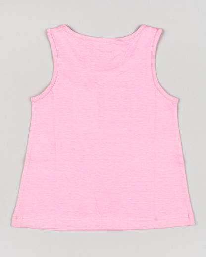 camiseta de tirantes Losan color rosa con letras 3d y palmera color lima algodon 100% Koskids