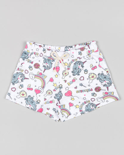 short de niña fondo blanco con estampado de unicornios y arcoiris goma y cordones en la cintura Losan Koskids