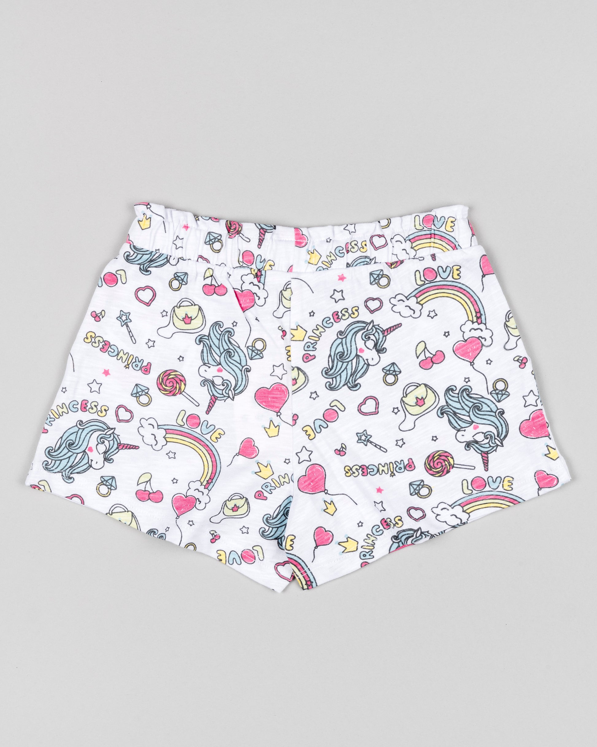 short de niña fondo blanco con estampado de unicornios y arcoiris goma y cordones en la cintura Losan Koskids