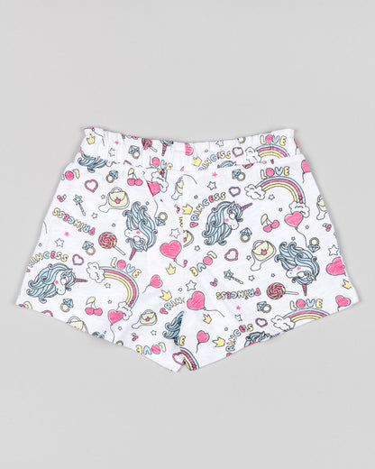 short de niña fondo blanco con estampado de unicornios y arcoiris goma y cordones en la cintura Losan Koskids