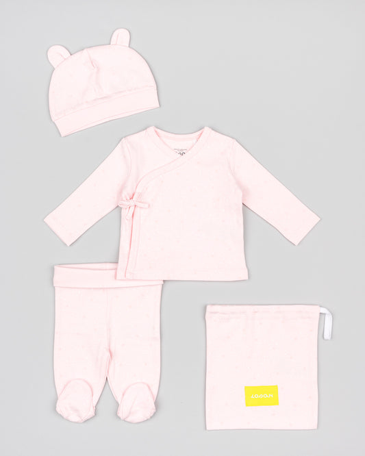 set recien nacido niña camiseta polaina y gorrito rosa con estrellitas algodon Losan Koskids