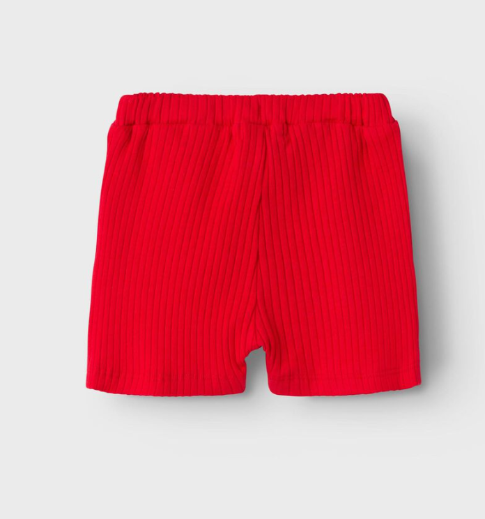 Short de bebé niña Name It color rojo con encaje algodón orgánico tejido acanalado koskids