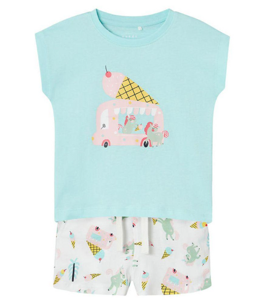 Conjunto de niña Name It con camiseta de manga corta y short en colores turquesa y blanco y estampado de unicornios 100% algodon Koskids