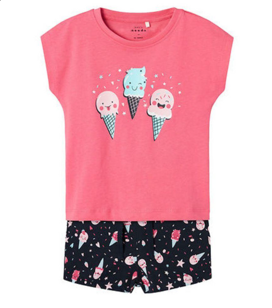 conjunto de niña de camiseta de manga corta y short  de color rosa y negro  con estampado de helados  algodon  Koskids