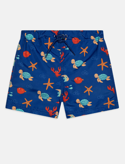 Bañador de niño Name It tipo boxer color azul klein con animales marinos estampados por toda la prenda, ajustable con goma y botones interiores Koskids