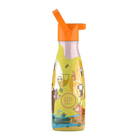 Botella para niños de 26oml de la marca The Cool Bottles de acero inoxidable de grado alimenticio 18/8, libre de BPA, ftalatos y toxinas, estampado en tonos verdes de animales de la jungla